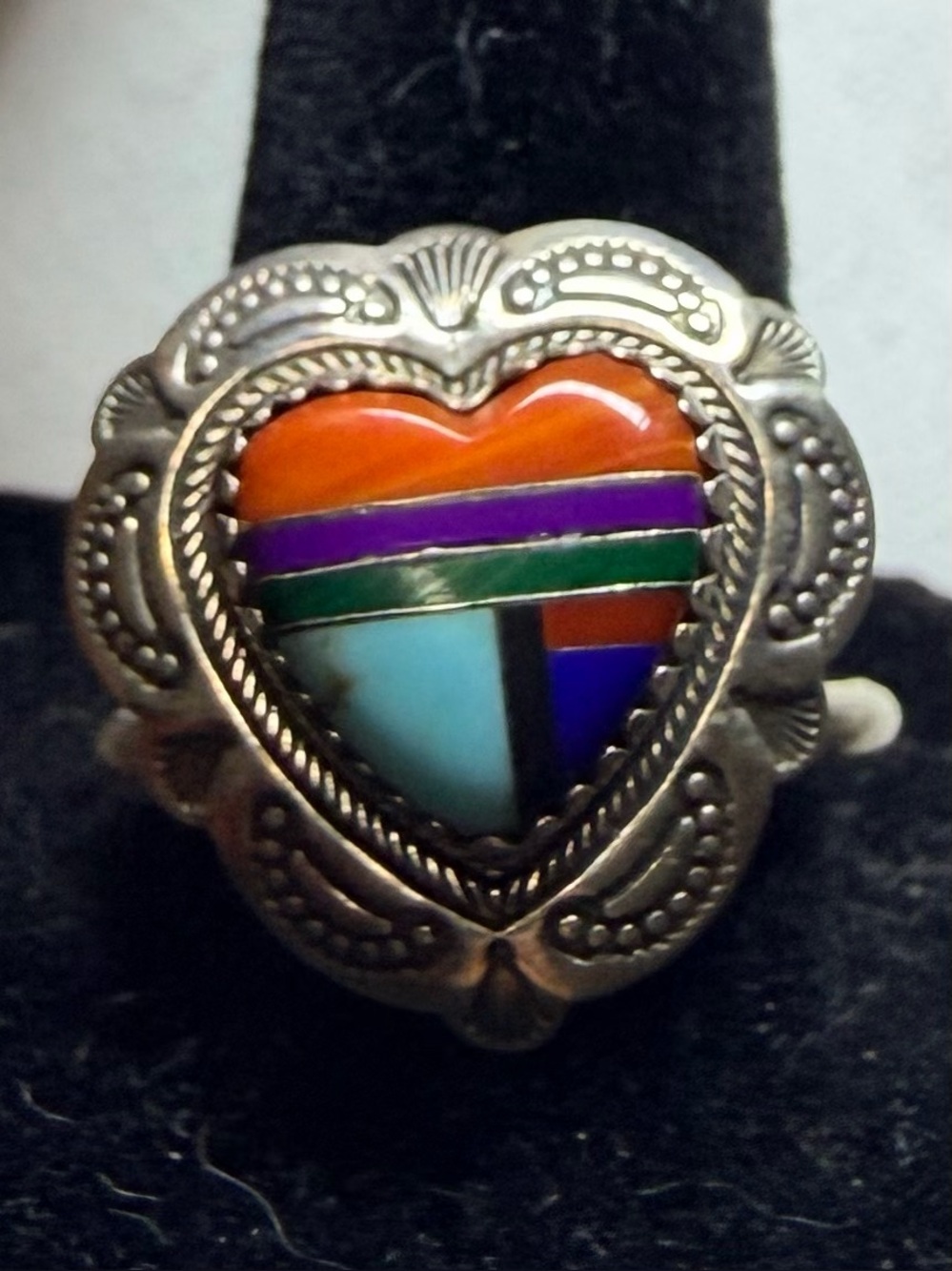 Vintage Quoc Turquoise QT Sterling Silver Heart Inlay Multi-Color Ring Size 9.5